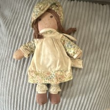 Holly Hobbie Heather Rag Doll Brown Braided Hair Floral Dress Bonnet 1970s