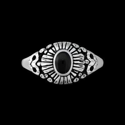 Size 7-925 Sterling Silver Black Resin Oval Ring, Beaming Sun Design,...