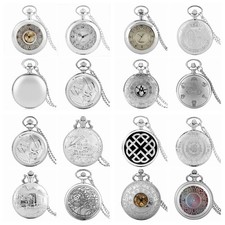 Silver Multi-Style Quartz Pocket Watch Assorted Designs Unisex w/ Necklace Chain