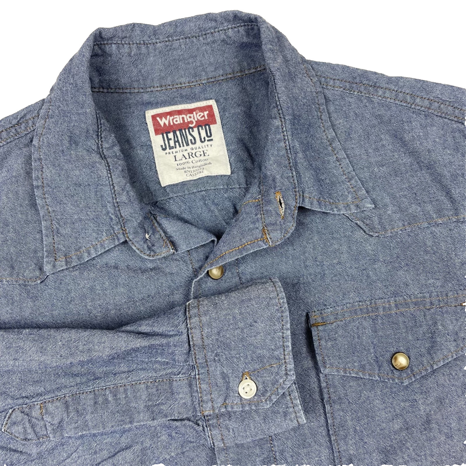 Wrangler Cowboy Cut Rigid Blue Denim Western Work Shirt Mens L Pearl Snap Rodeo
