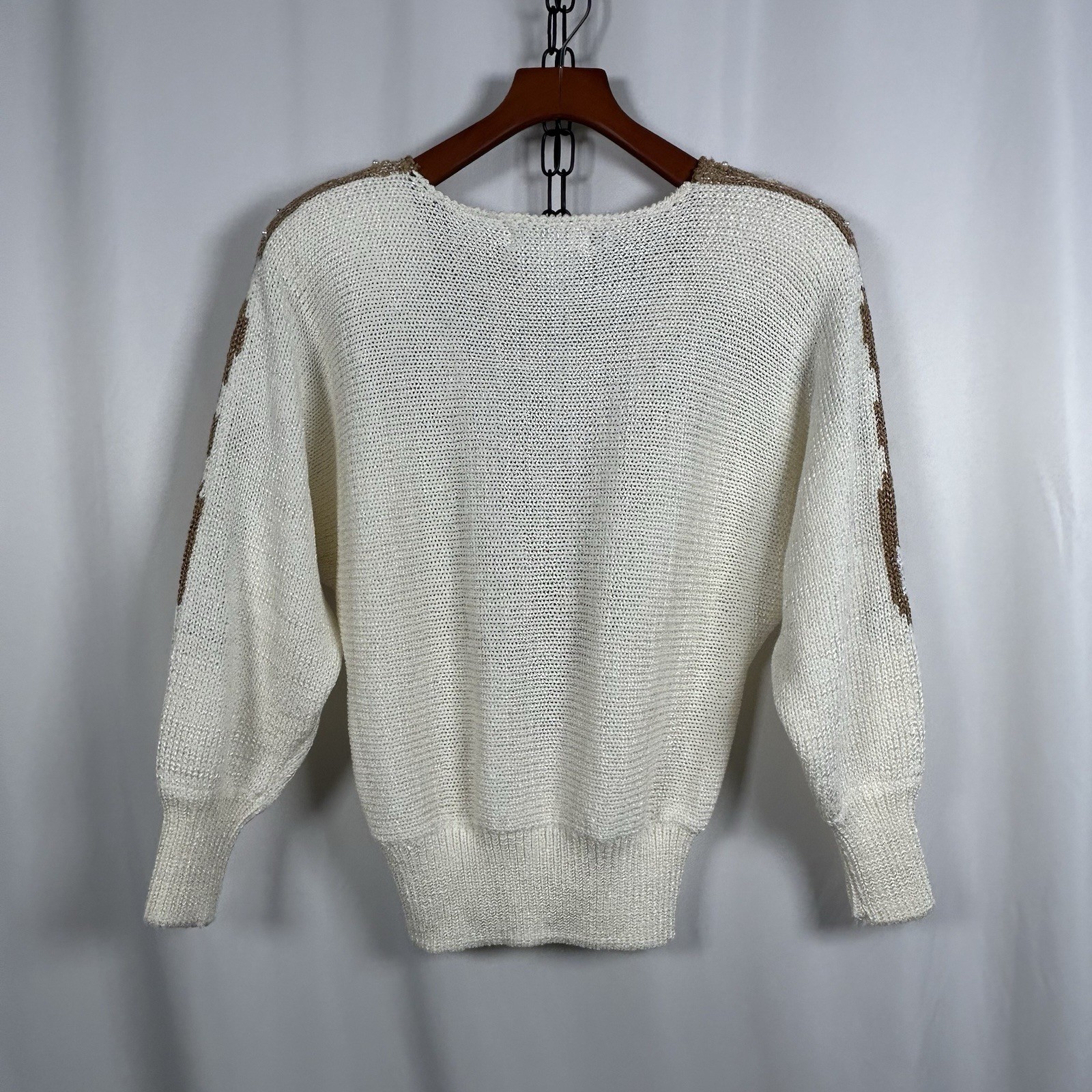 VTG 80s Sideffects Knit Beverly Small Sweater Cream Brown w Beads Shoulder Pads