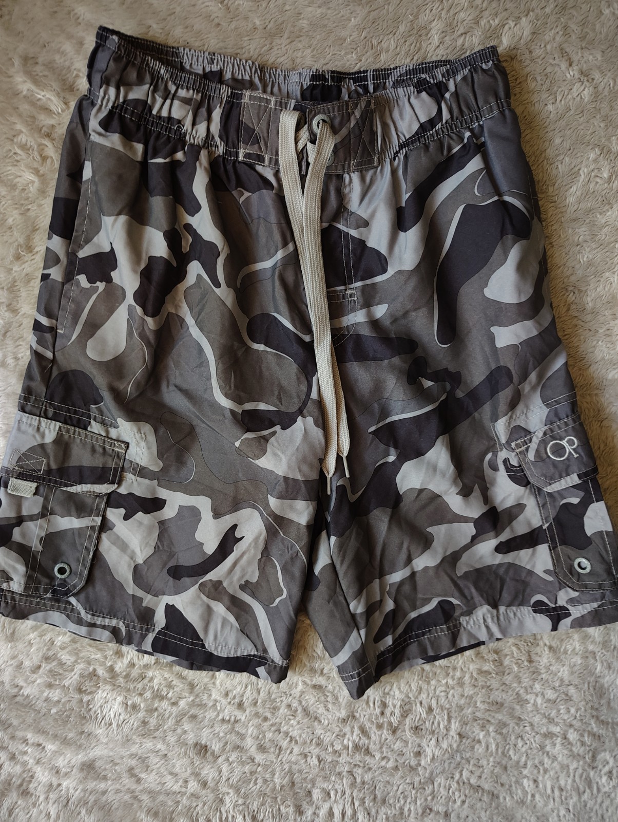 OP Ocean Pacific Men Small Gray Camo Cargo Lined Surf Swim Trunks Board Shorts
