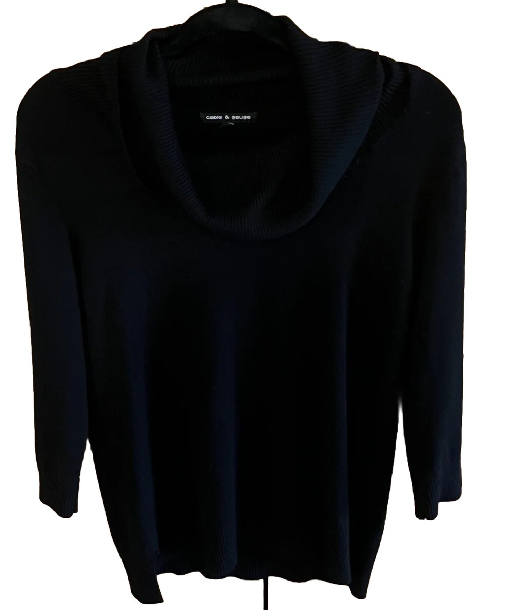 Cable and Gauge Womens Large Sweater 3/4 Sleeve Black Split Hem