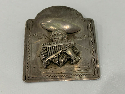 Vintage Mexican Silver Pin / Brooch Figure Playing Siku Instrument
