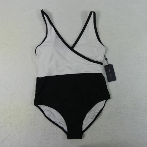 Tommy Hilfiger Swimsuit Womens 12 White Black One Piece Surplice UPF50