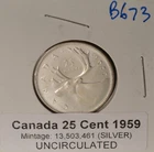1959 Canada Twenty Five Cents - Uncirculated - Inv#B-673  🇨🇦🇨🇦