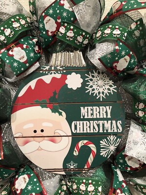 SANTA 🎅 MERRY CHRISTMAS Wreath SILVER Deco Mesh WHIMSICAL 24