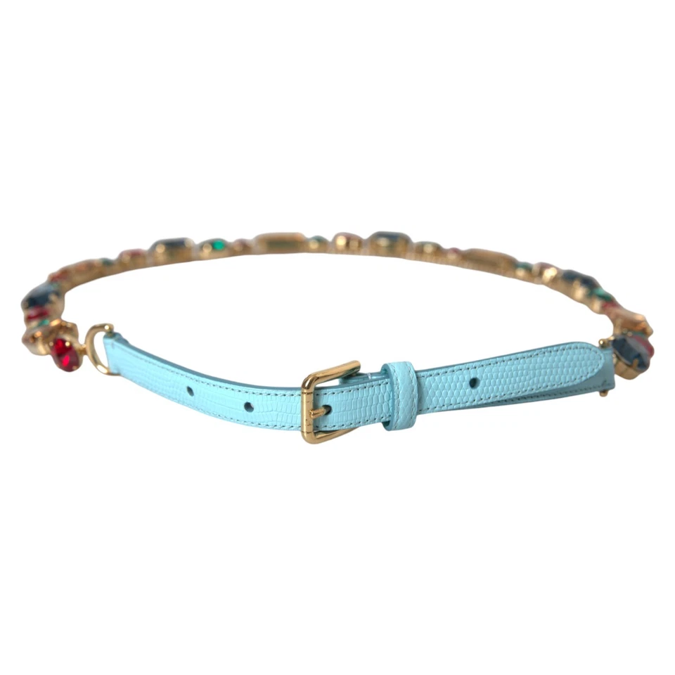 Cinturón DOLCE & GABBANA Cuero Azul Claro Cristal Cadena Cintura 85cm/34in 1210usd Foto 3 de 4