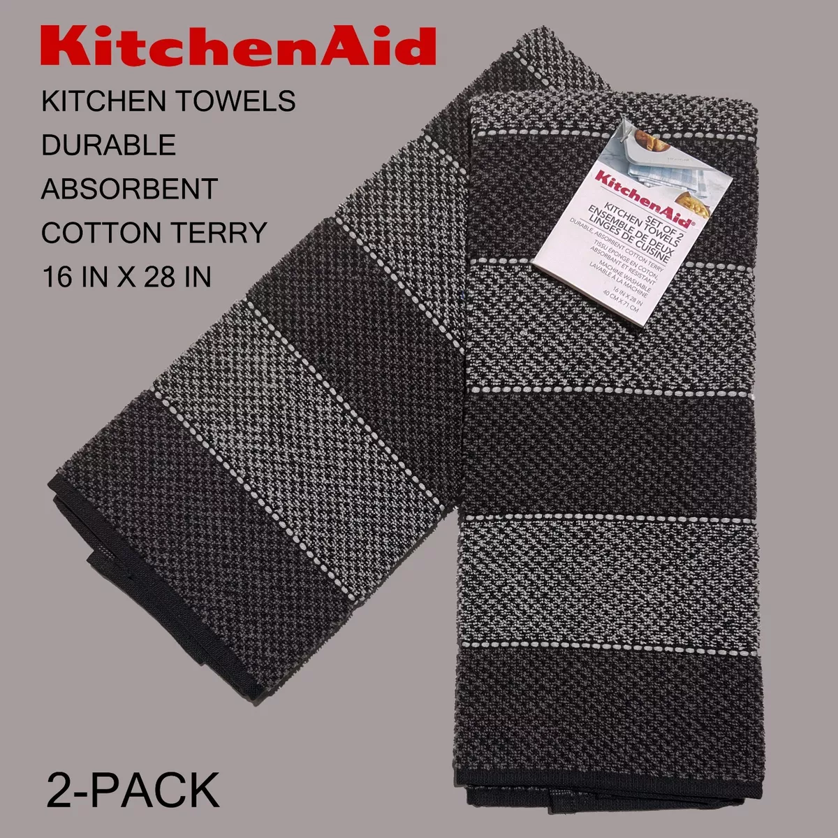 New 2-PK KitchenAid Cotton Terry Kitchen Towels Gray Brown Multi