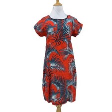 Zara Basic Palm Print Dress Womens S Small Red Short Sleeve Shift Scoop Neck