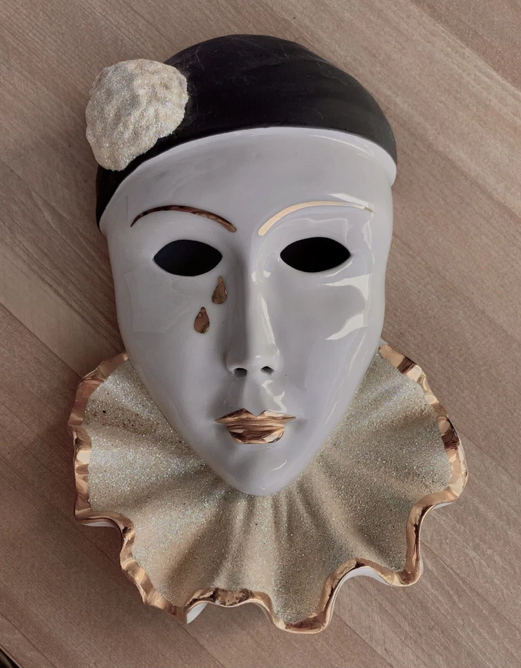 Máscara de cerámica Pierrot veneciana arte decoración arte colgante de pared - hecho a mano Foto 4 de 4