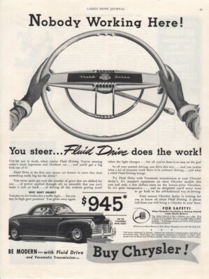Vintage Print advertisement ad Car CHYSLER 1941 Nobody Working Here Fluid Drive