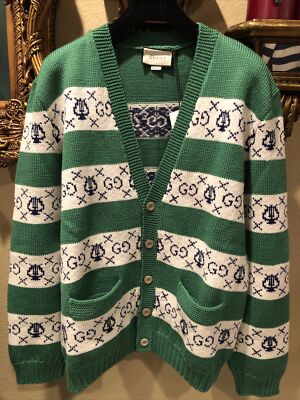 100% Authentic GUCCI GG Green & White Striped Wool Cardigan $1800+