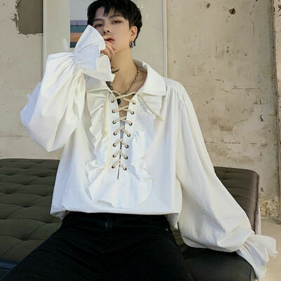 Men Ruffle Shirts Blouse Tops Lace Up Retro Gothic Flare Sleeve Victorian  White | eBay
