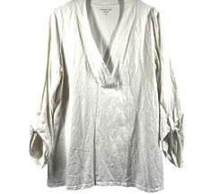 Coldwater Creek Blouse Top XL White V Neck Slubbed 100% Cotton Roll Tab Sleeves