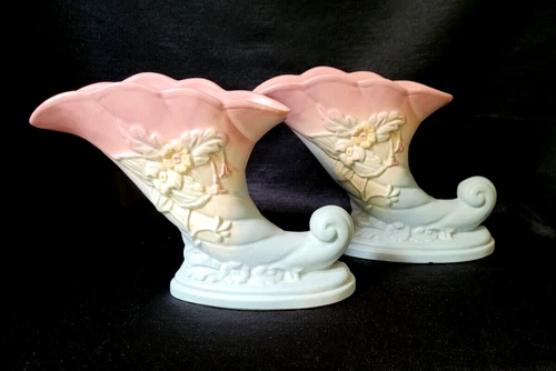 Pair of Vintage Hull Pottery Cornucopia Vases