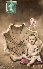 BL075 Vintage Photo Card RPPC Card Child Fancy Umbrella Baby Colorized