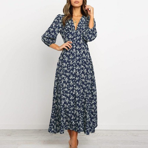 Women Lady Boho Kimono Sleeve Floral Long Maxi Summer Beach Dress Sundress Party - Picture 13 of 14