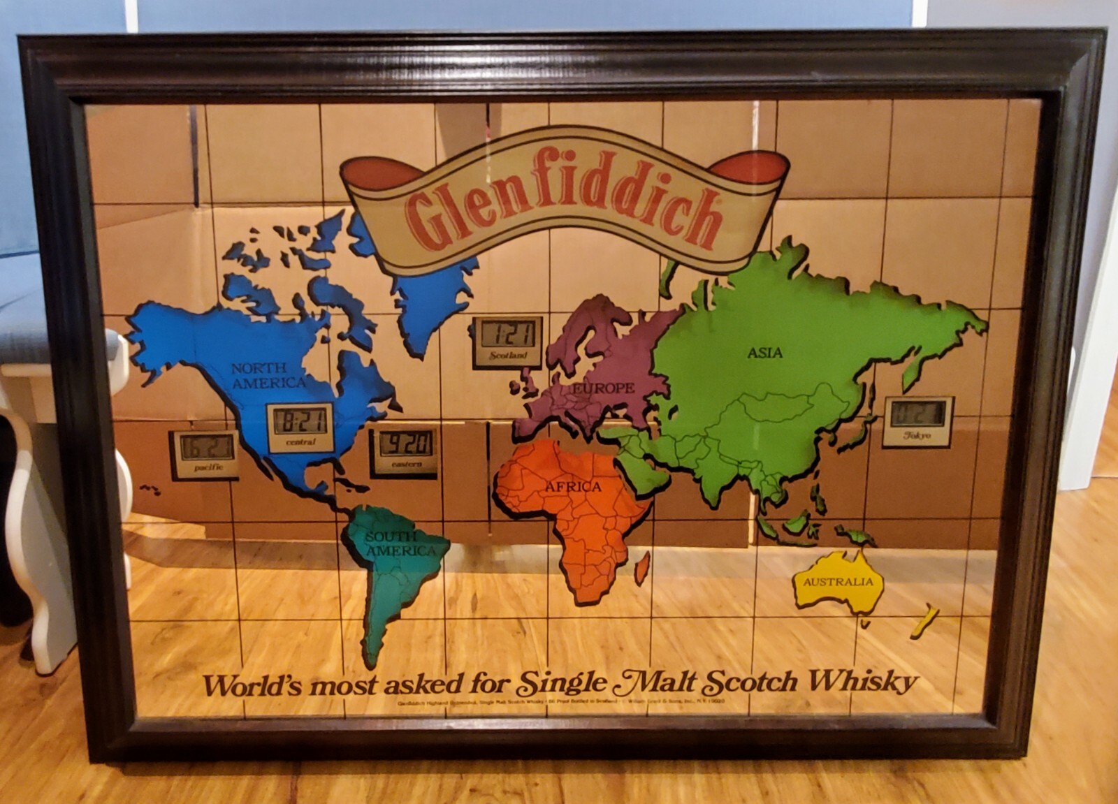 rare vintage GlenFiddich Scotch Whiskey world timezone clock mirror, 29" x 39" eBay