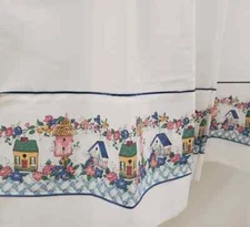 Birdhouses Charming Country Print Tiers or Swags or Valances White and Blue