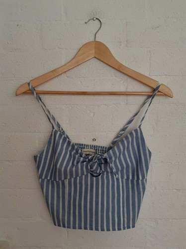 SASSY HILLS FASHION Designer Womens Blue White Stripe Cropped Blouse Top Size S