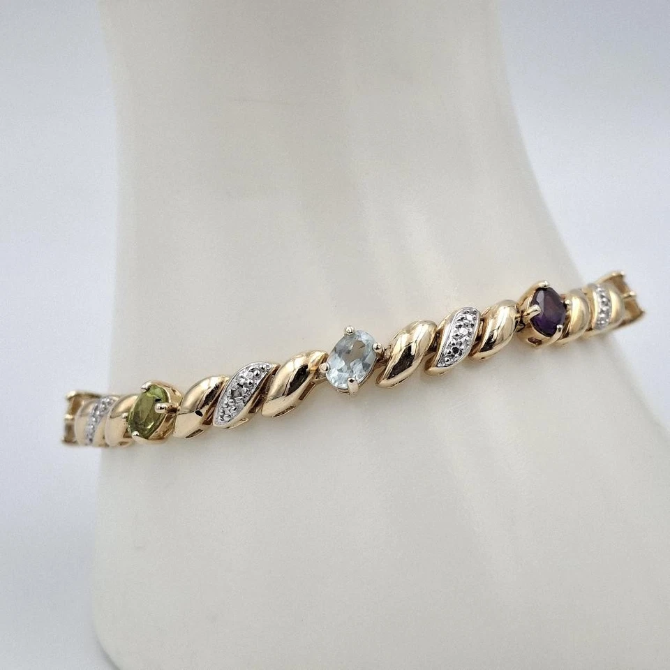 7.5" 925 Sterling Silver Gold Toned Oval Multi-Gemstone Amethyst Topaz Bracelet - Image 2 of 4