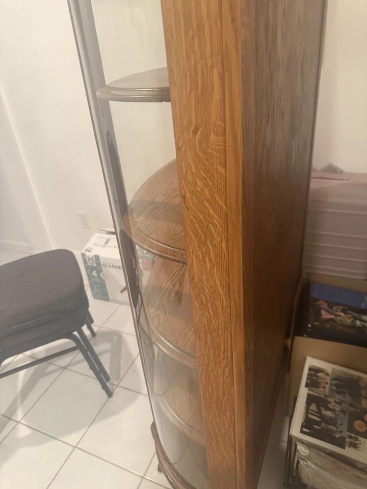 Antiguo gabinete de curiosidades de vidrio curvado roble tigre dorado pies de desplazamiento imperio Foto 3 de 4