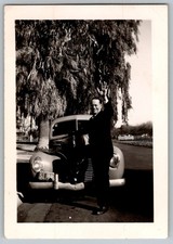 Vtg B&W Snapshot Man Waving By Car Trees 1948