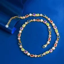 Boho Gold Plated CZ Multicolor Square Round Baguette Geometric Pearl Necklace