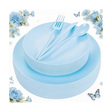EI 150pcs Blue Plastic Plates Disposable Light Blue Baby Shower Plates Heavy ...