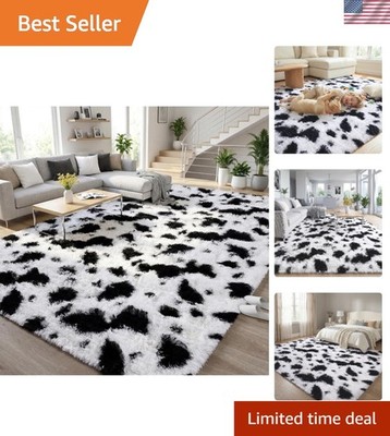 Elegant 4x6 Fluffy Black & White Cow Hide Print Rug - Non-Slip, Washable Comfort