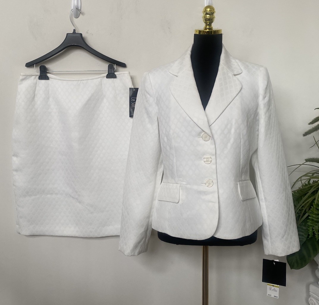 NWT Le Suit Women's Vanilla Ice White Amalfi Coast 2 Pc Skirt Suit Size 14, $200