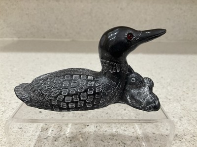 Hand Made in Canada '' A Wolf Original '' Soapstone Loon And Chick Figurine