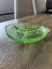 Vtg Hocking Glass Cameo/ballerina 3 Section Dish With Feet, Uranium Glass