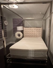 Full Size Metal Canopy Bed Frame with Upholstered Headboard (Full Matress + Box)