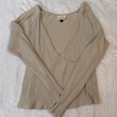 Universal Thread Faux-Wrap T-Shirt Womens Size XL Ribbed Long Sleeve Stretch Tan