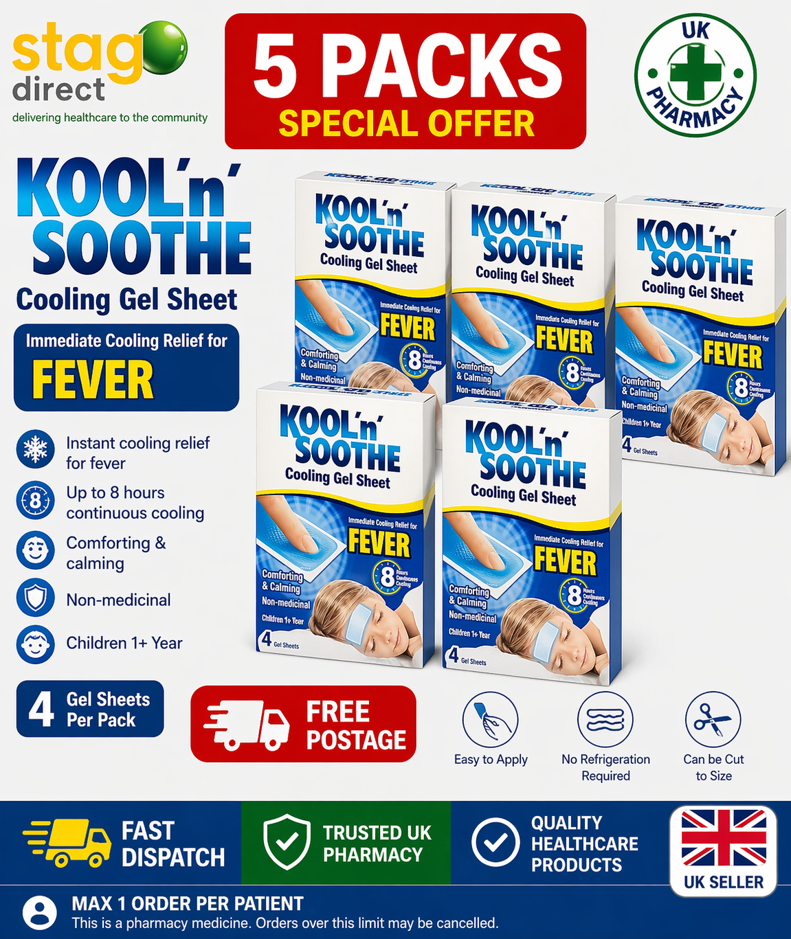 Kool N Soothe Cooling Fever Headache Pain Relief Gel Sheets 5 PACKS