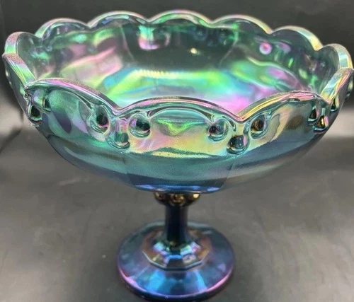 Vintage Indiana Glass Garland Blue Iridescent Carnival Glass Compote