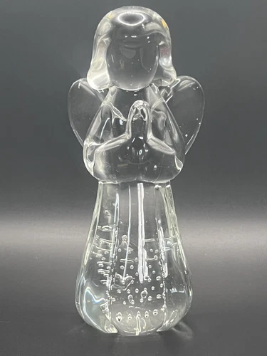 Vintage Hand Blown Clear Glass Praying Angel Figurine 6.25" Controlled Bubbles