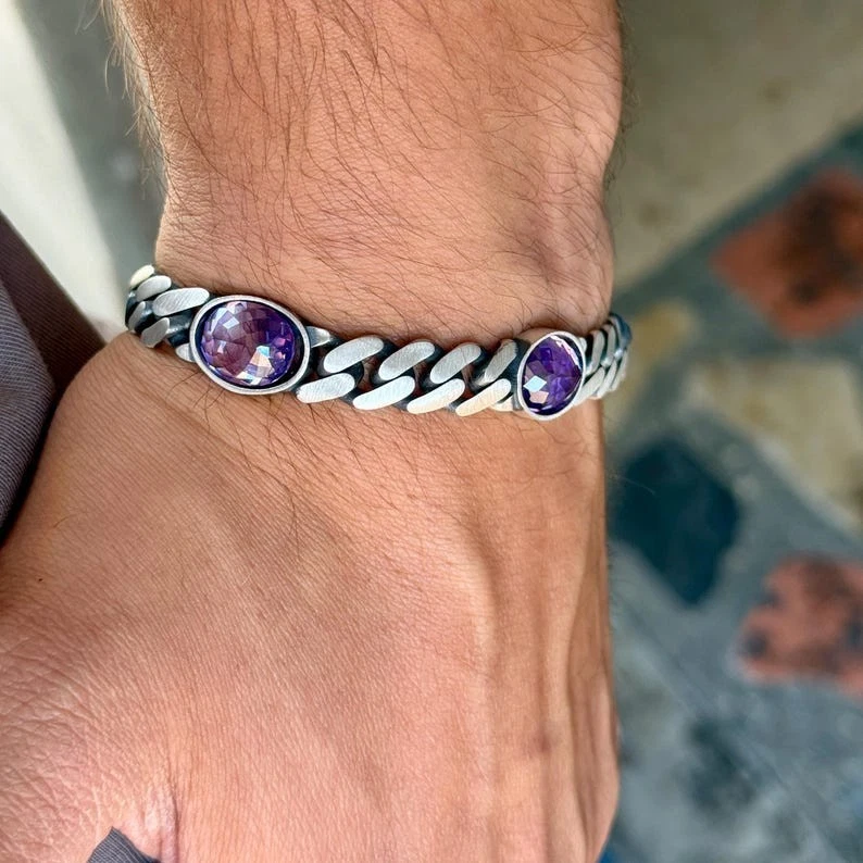 Pulsera de cadena de plata maciza con bordillo de amatista, pulsera de cadena de eslabones cubanos de 10 mm Foto 4 de 4