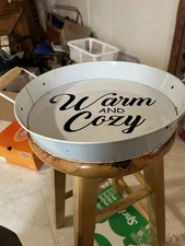 Warm And Cozy White With Black Trim Metal Serving Tray