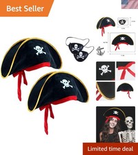 Adjustable Skull Print Pirate Hats with Matching Eye Patches - Family Fun Set