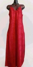 Vintage 90s Satin Slip Dress Nightgown Red Lace Side Slit Fairy Chemise size L
