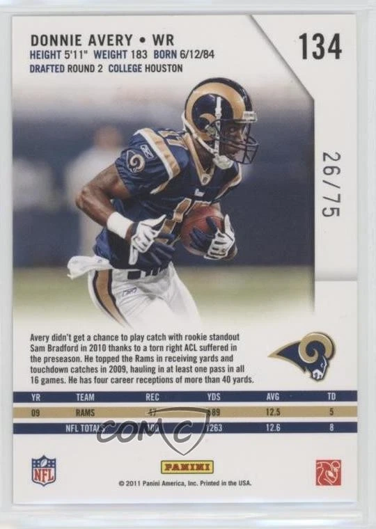 2011 Panini Rookies & Stars Longevity Sapphire /75 Donnie Avery #134 - Image 2 of 2