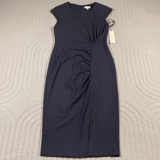 Calvin Klein Dress Womens 10 Navy Blue Sheath Ruched Cap Sleeve Midi NWT