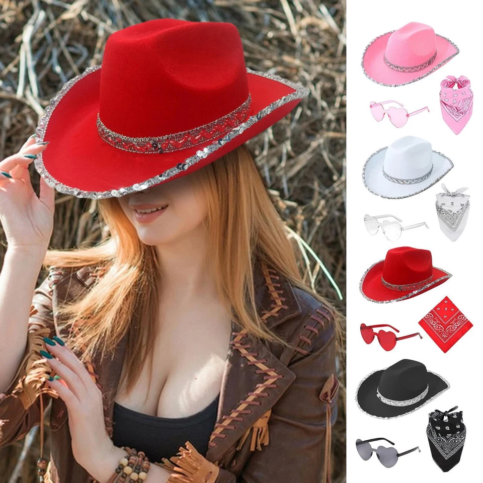 1 Juego Sombrero de Vaquera Bling Flecos Sombrero de Vaquero, Bandana y Corazón Gafas Juegos con disfraces Fiesta Foto 2 de 4