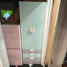 Blue, White & Grey Freestanding Wardrobe Cabinet, 2 Hinged Doors, 3 Drawers
