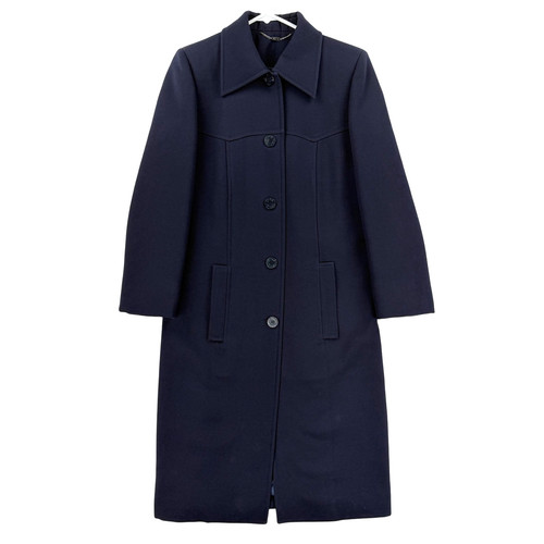 Celine Coat Womens 40 Blue Wool Twill Long Single Breasted Overcoat Made France