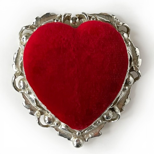 Vtg Sam Fink Red Velvet Heart Pincushion Silver Tone Filigree Signed SF USA Gift