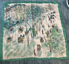 Elegant Green Vtg Abstract Cityscape Horse Drawn Carriages 25  x 25  Scarf Italy